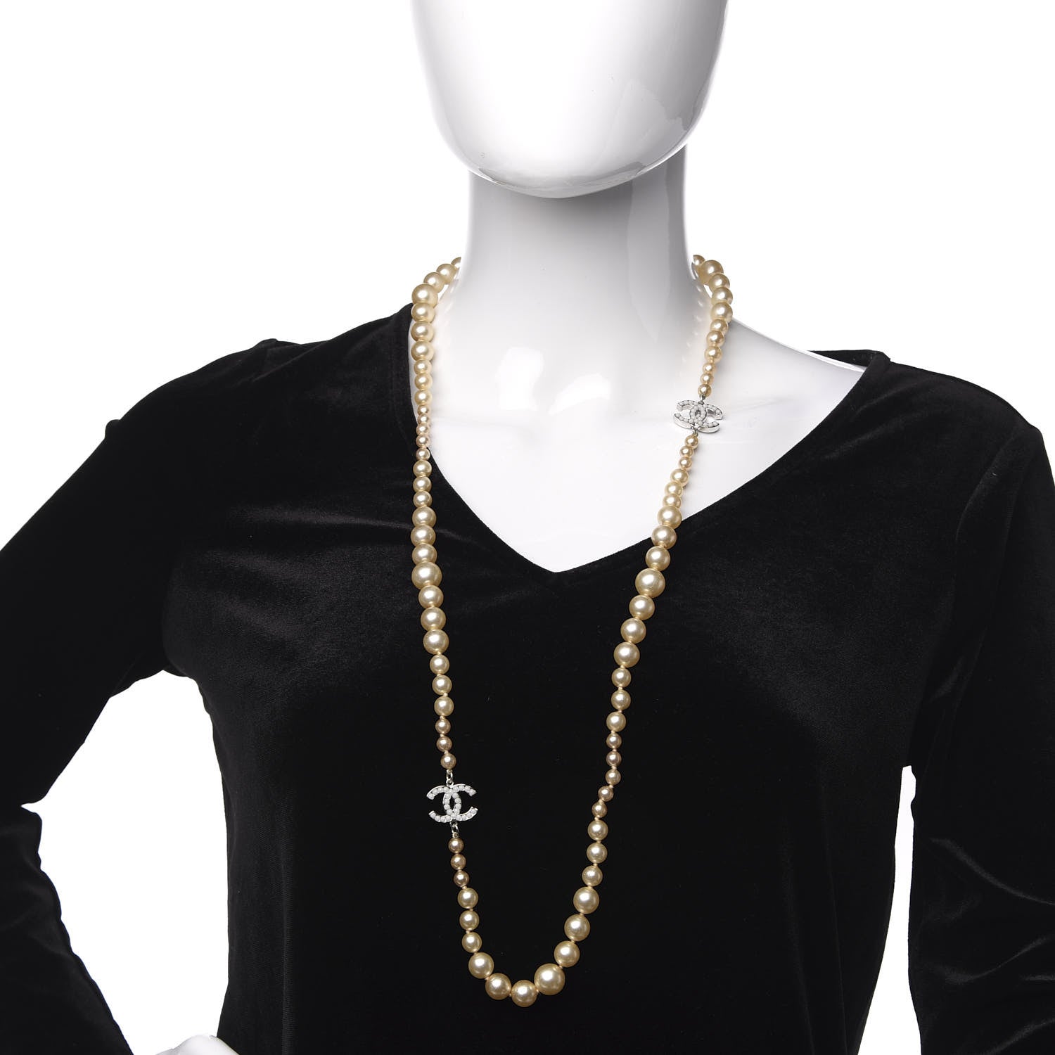 Chanel Graduated Pearl CC Long Necklace Silver 2 of 5