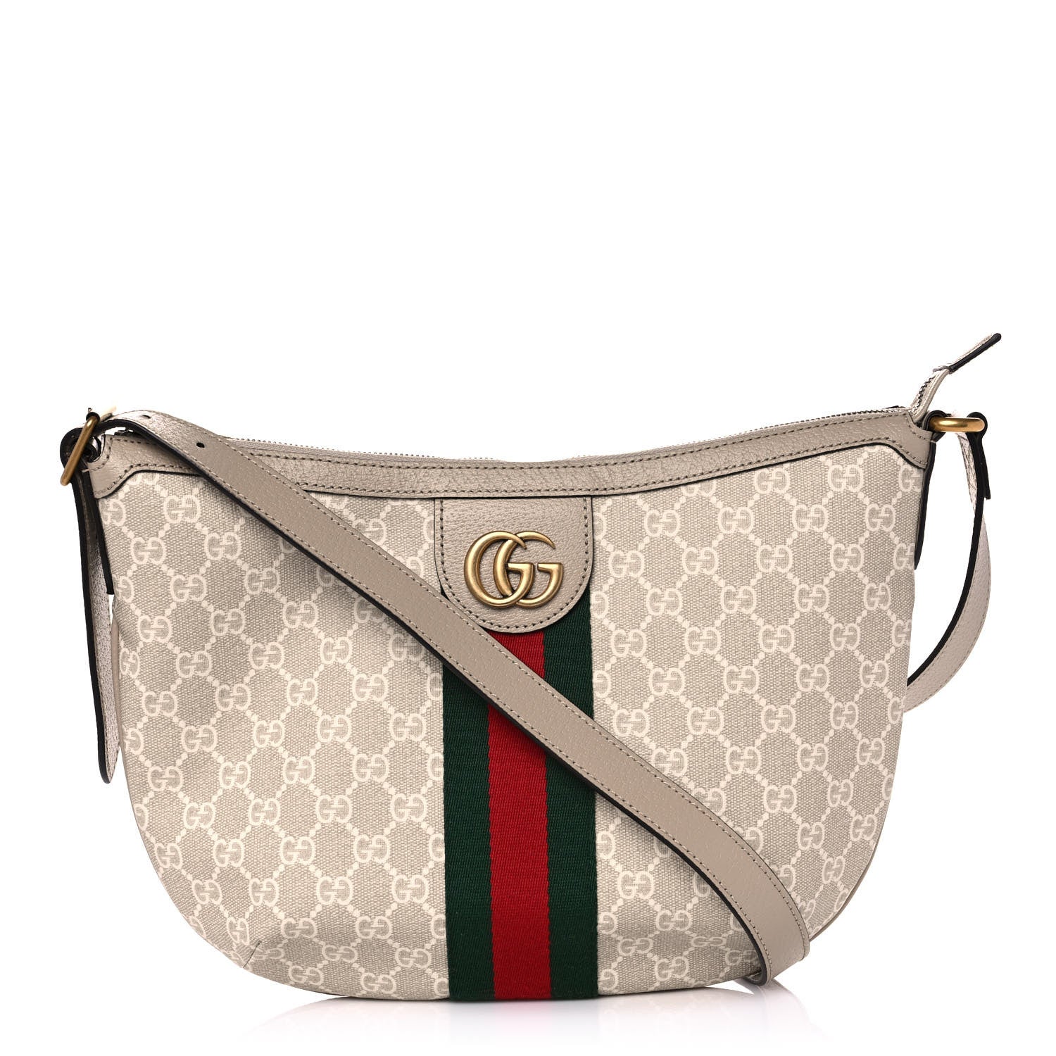 Gucci GG Supreme Monogram Textured Dollar Calfskin Web Small Ophidia Half Moon Hobo Beige Mystic White Oatmeal 1 of 11