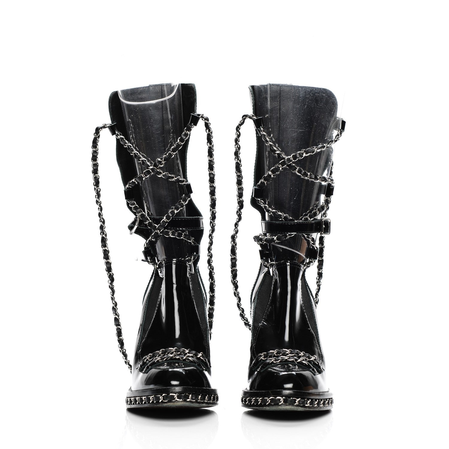 Chanel Patent Chained Tall Combat Boots 36.5 Black 2 of 8