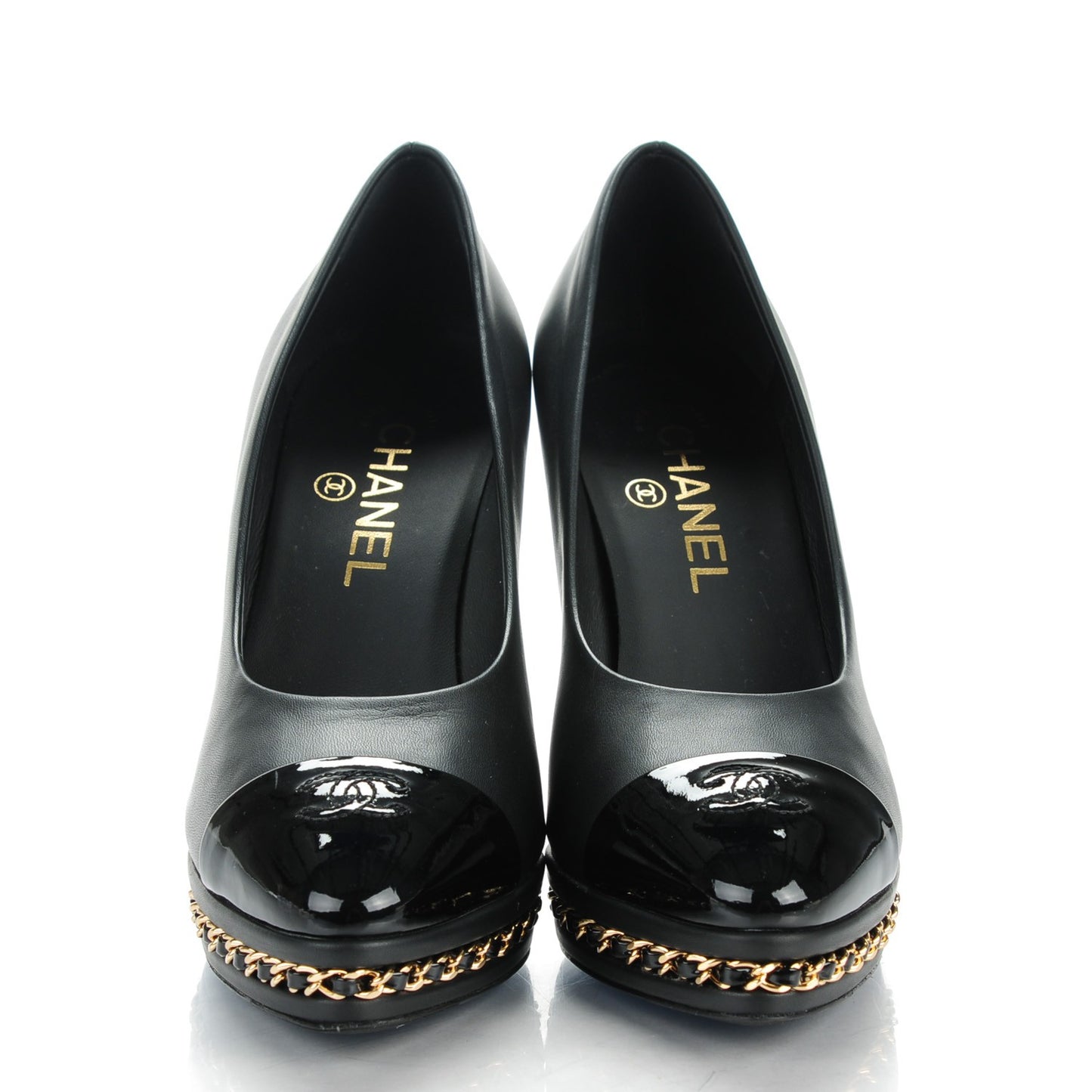 Calfskin Patent Cap Toe Chain Pumps 37.5 Black