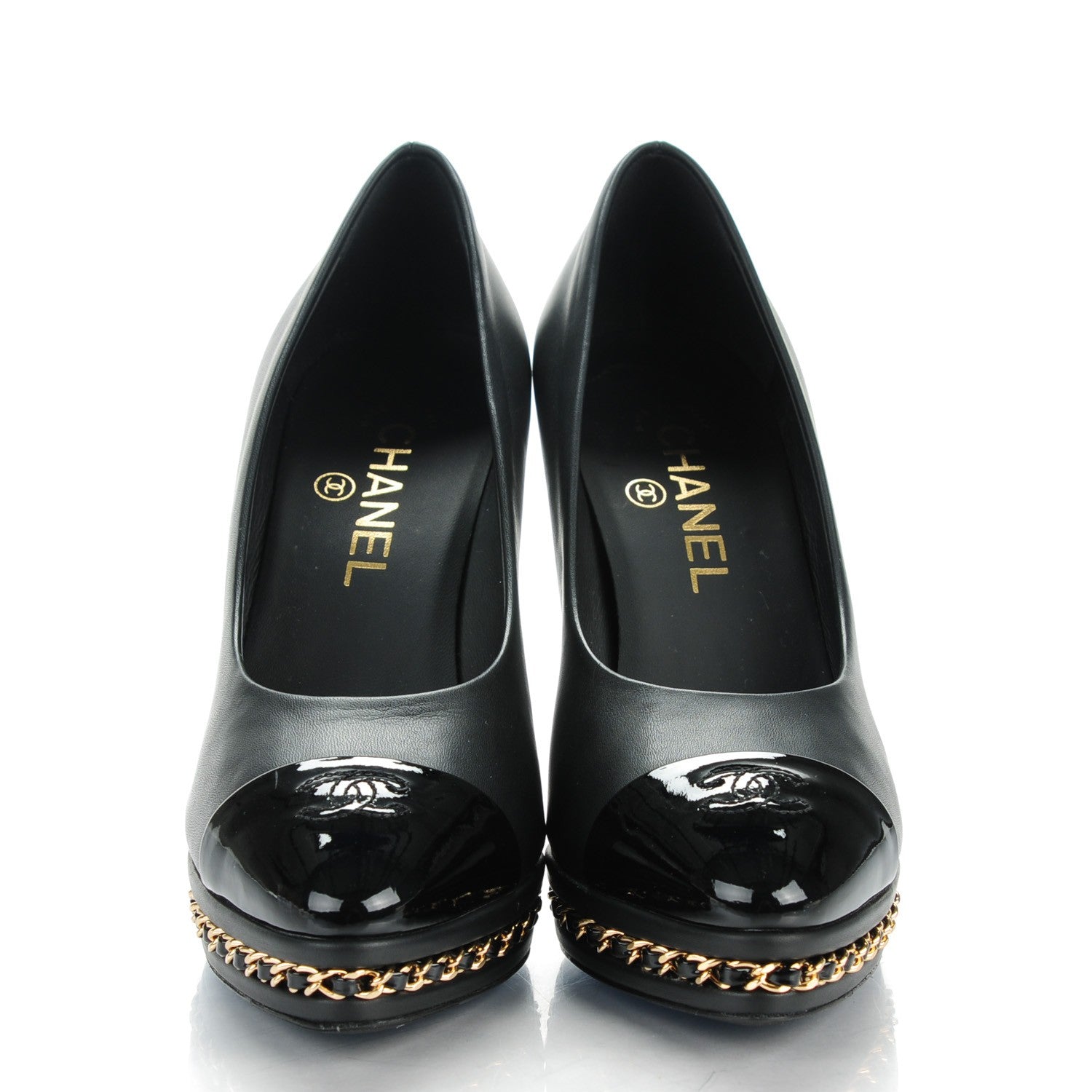 Chanel Calfskin Patent Cap Toe Chain Pumps 37.5 Black 2 of 9