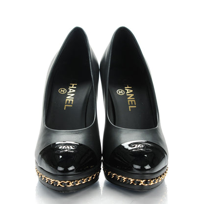 Chanel Calfskin Patent Cap Toe Chain Pumps 37.5 Black 2 of 9