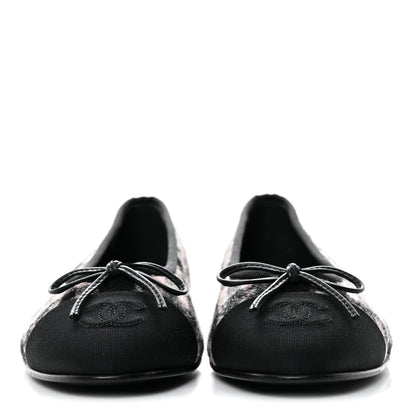 Chanel Alpaca Tweed Grosgrain Cap Toe Ballerina Flats 37.5 Pink Ivory Black 2 of 9