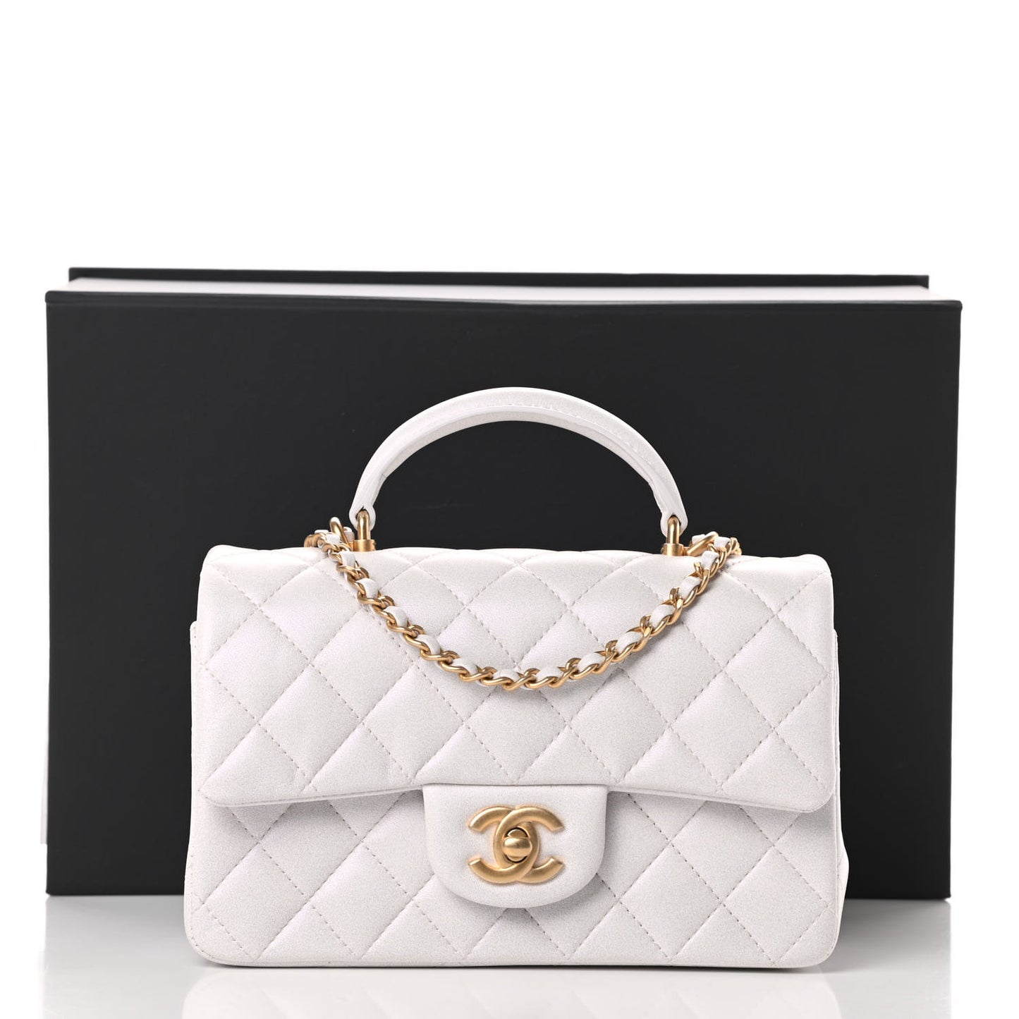 Iridescent Lambskin Quilted Mini Top Handle Rectangular Flap White
