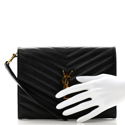 Saint Laurent Grain De Poudre Matelasse Chevron Monogram Envelope Clutch Black 2 of 9