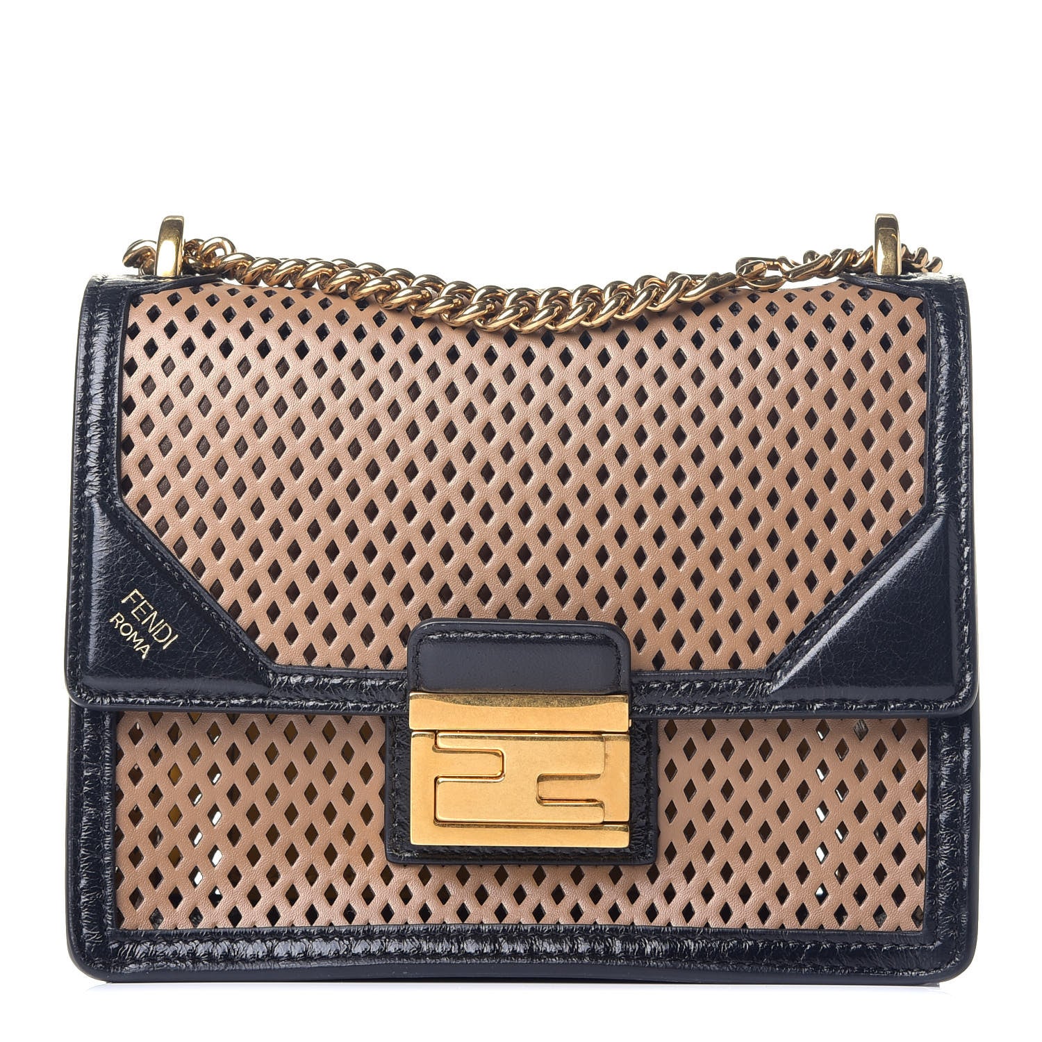 Fendi Vitello Liberty Glossy Lambskin Perforated Small Kan U Shoulder Bag Sand Mimosa Black 1 of 9