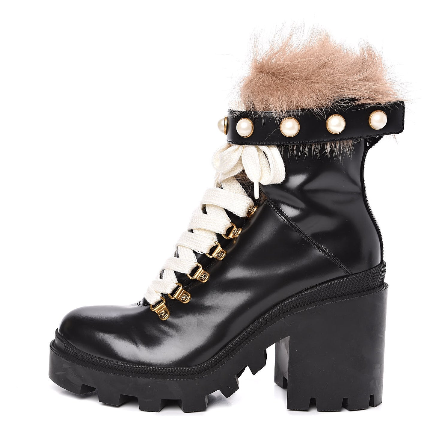 Magnum Calfskin Fur Pearl Lace Up Combat Ankle Boots 39.5 Black Naturale