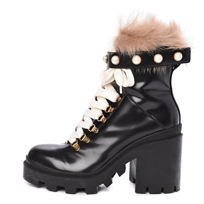 Gucci Magnum Calfskin Fur Pearl Lace Up Combat Ankle Boots 39.5 Black Naturale 1 of 7