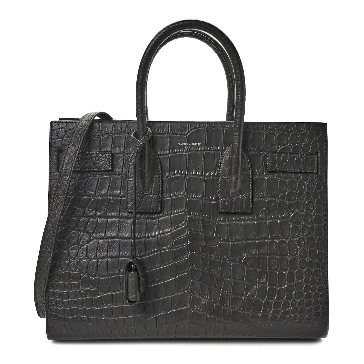 Saint Laurent Calfskin Crocodile Embossed Small Sac de Jour Fog 1 of 8