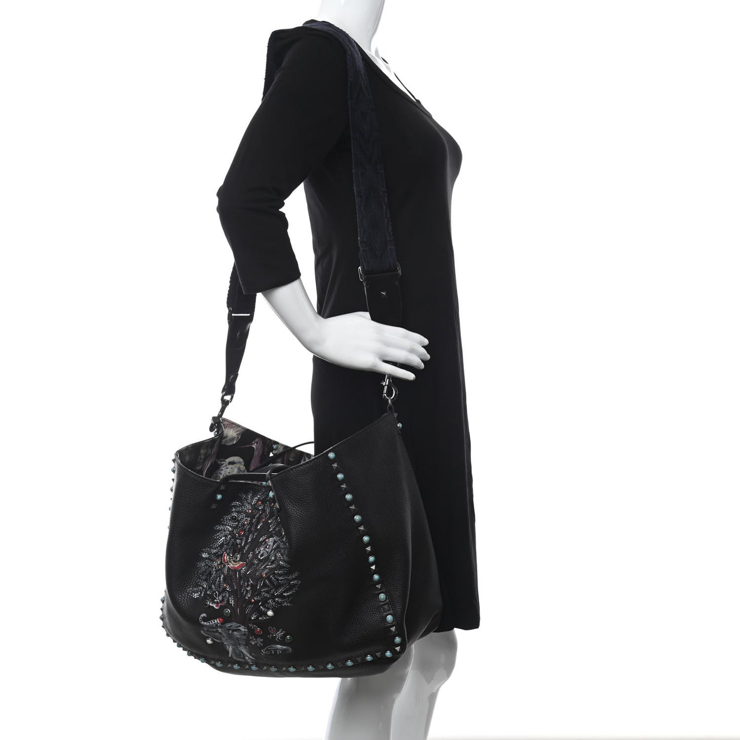 Stampa Alce Calfskin Large Tree of Life Rockstud Rolling Reversible Tote Black Multicolor