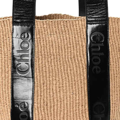 Chloe Raffia Calfskin Crocodile Embossed Large Woody Tote Black 7 of 9