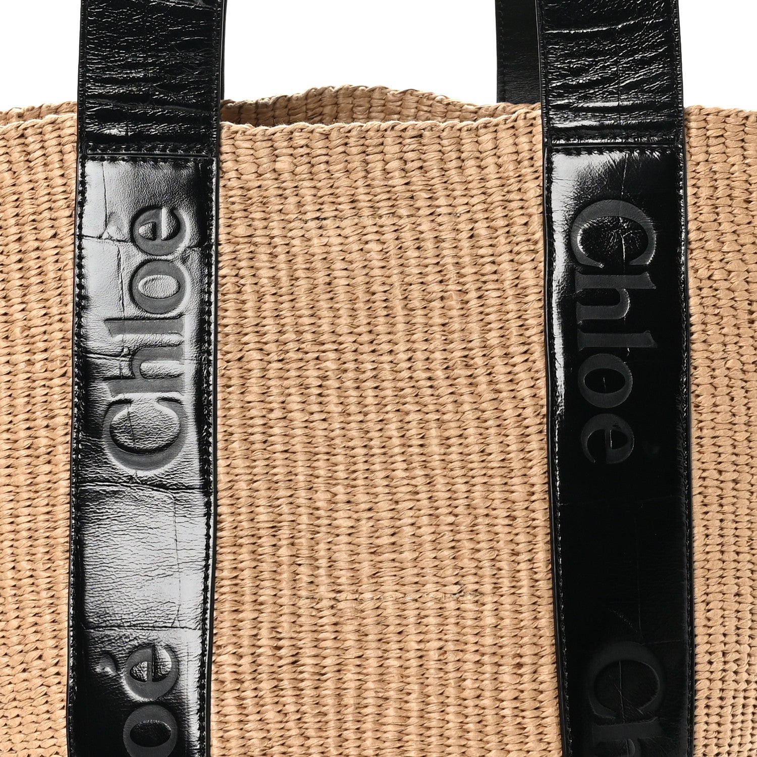 Chloe Raffia Calfskin Crocodile Embossed Large Woody Tote Black 7 of 9