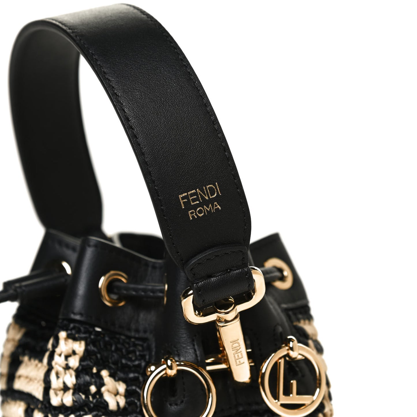 Raffia Vitello Seta F is Fendi FF Woven Mini Mon Tresor Bucket Bag Black Natural
