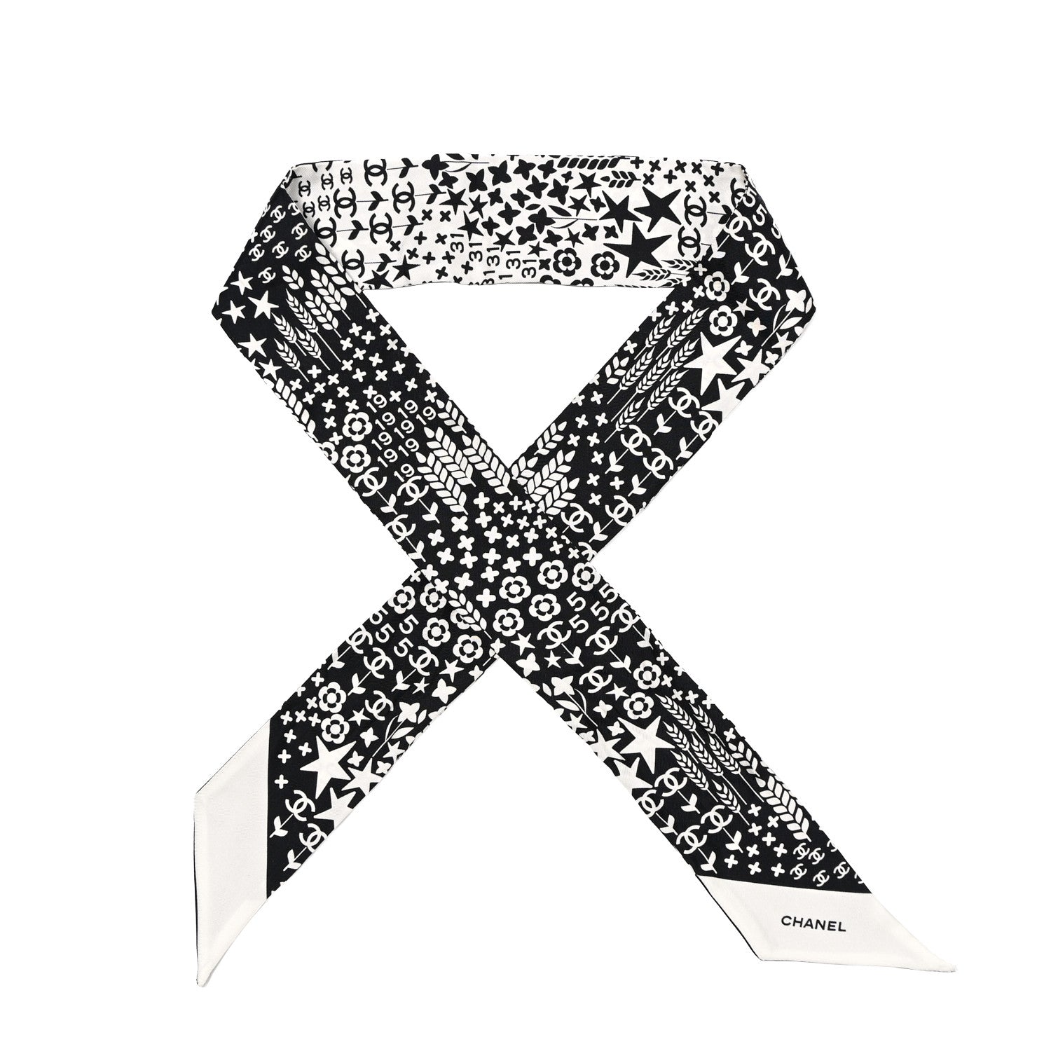 Chanel Silk CC Slim Bandeau Scarf Black Ecru 1 of 10