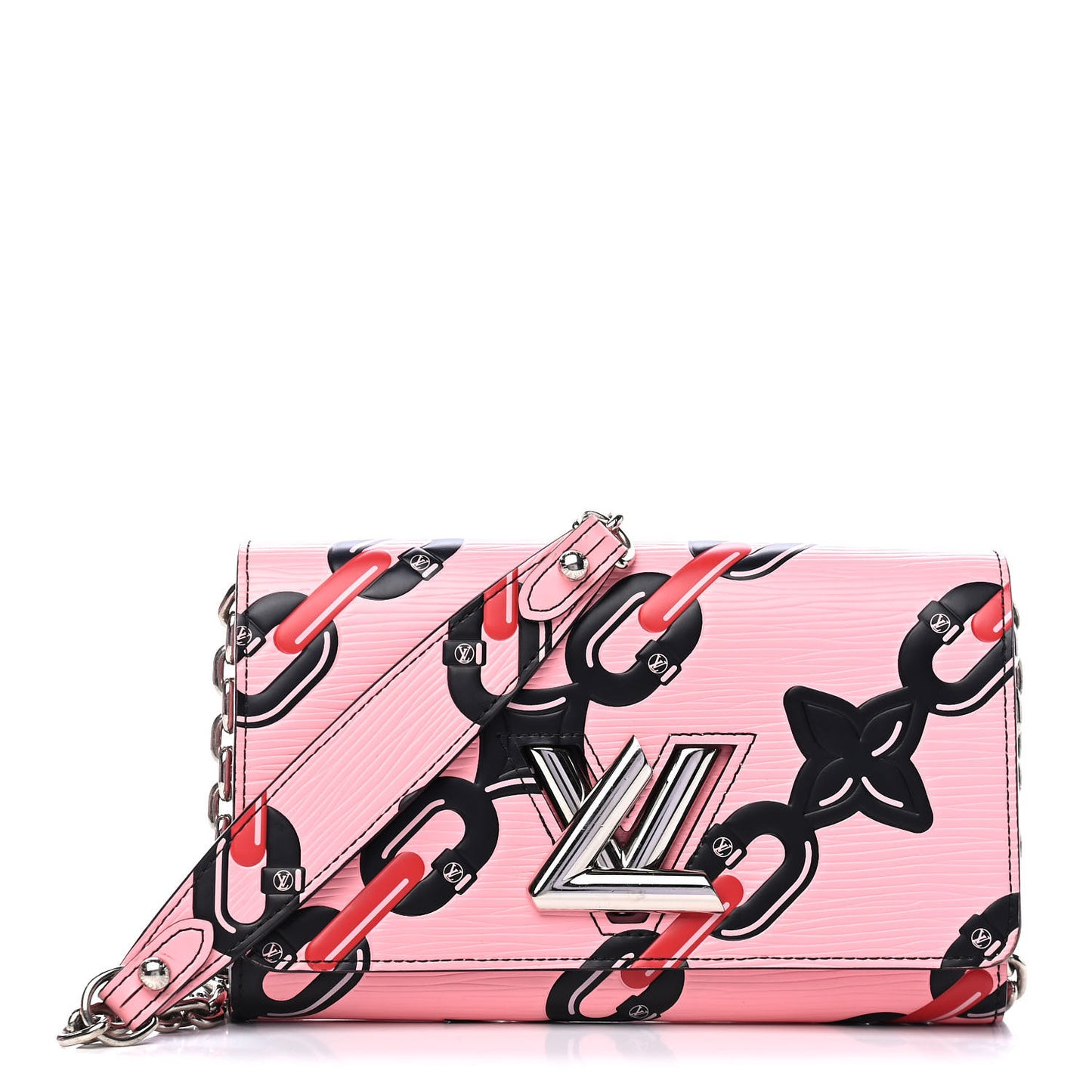 Epi Chain Flower Print Twist Chain Wallet Pink