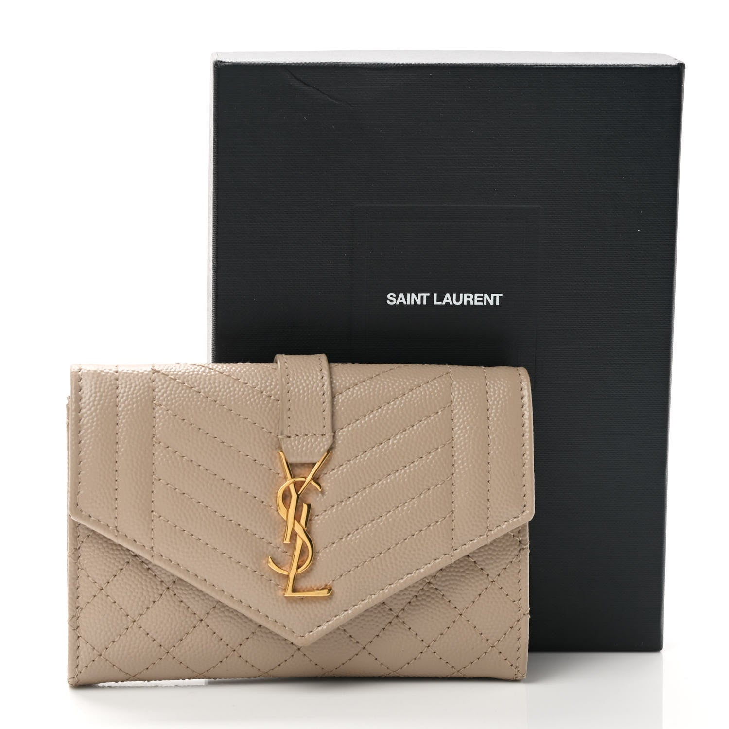 Saint Laurent Grain De Poudre Textured Mixed Matelasse Triquilt Small Monogram Envelope Wallet Dark Beige 8 of 8