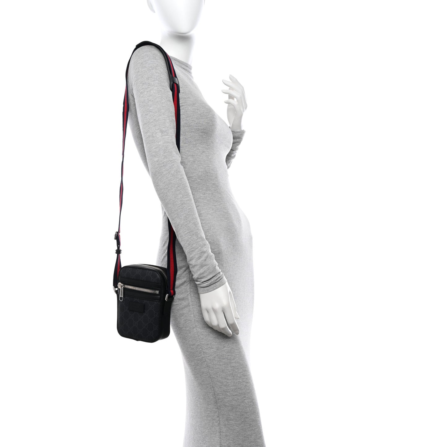 GG Supreme Monogram Appia Calfskin Web Small Camera Messenger Bag Black Grey