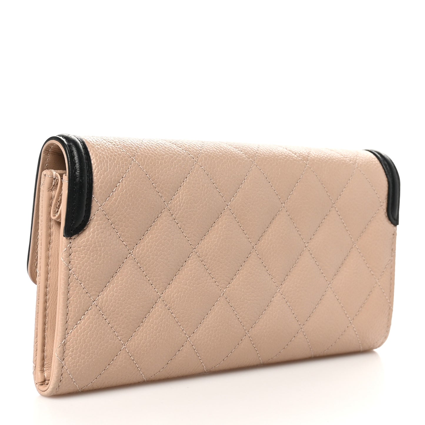 Caviar Quilted Filigree Large Gusset Flap Wallet Beige Black