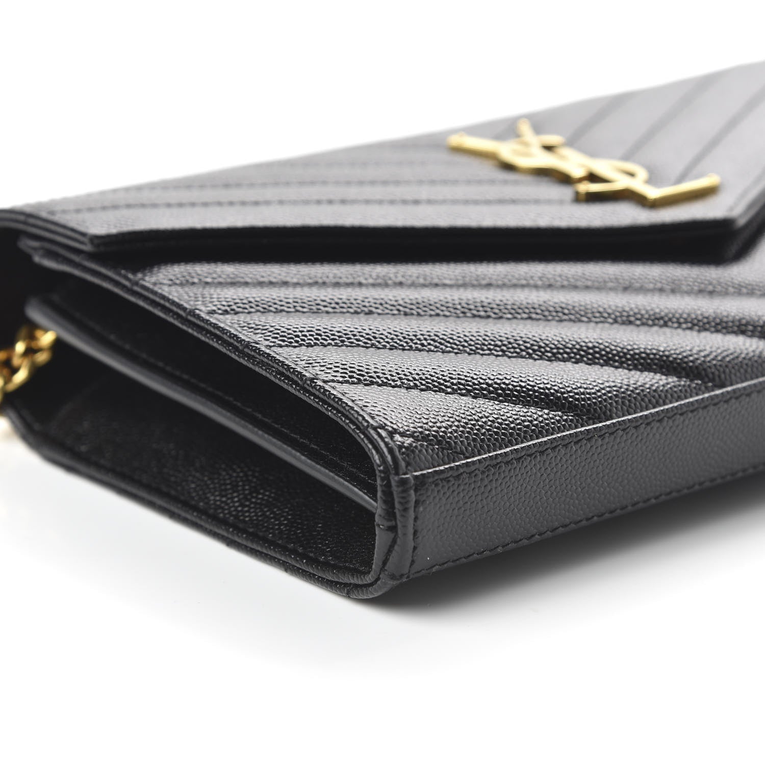 Saint Laurent Grain De Poudre Matelasse Chevron Monogram Chain Wallet Black 6 of 9