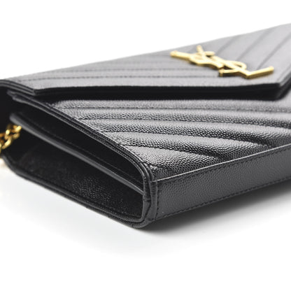 Saint Laurent Grain De Poudre Matelasse Chevron Monogram Chain Wallet Black 6 of 9