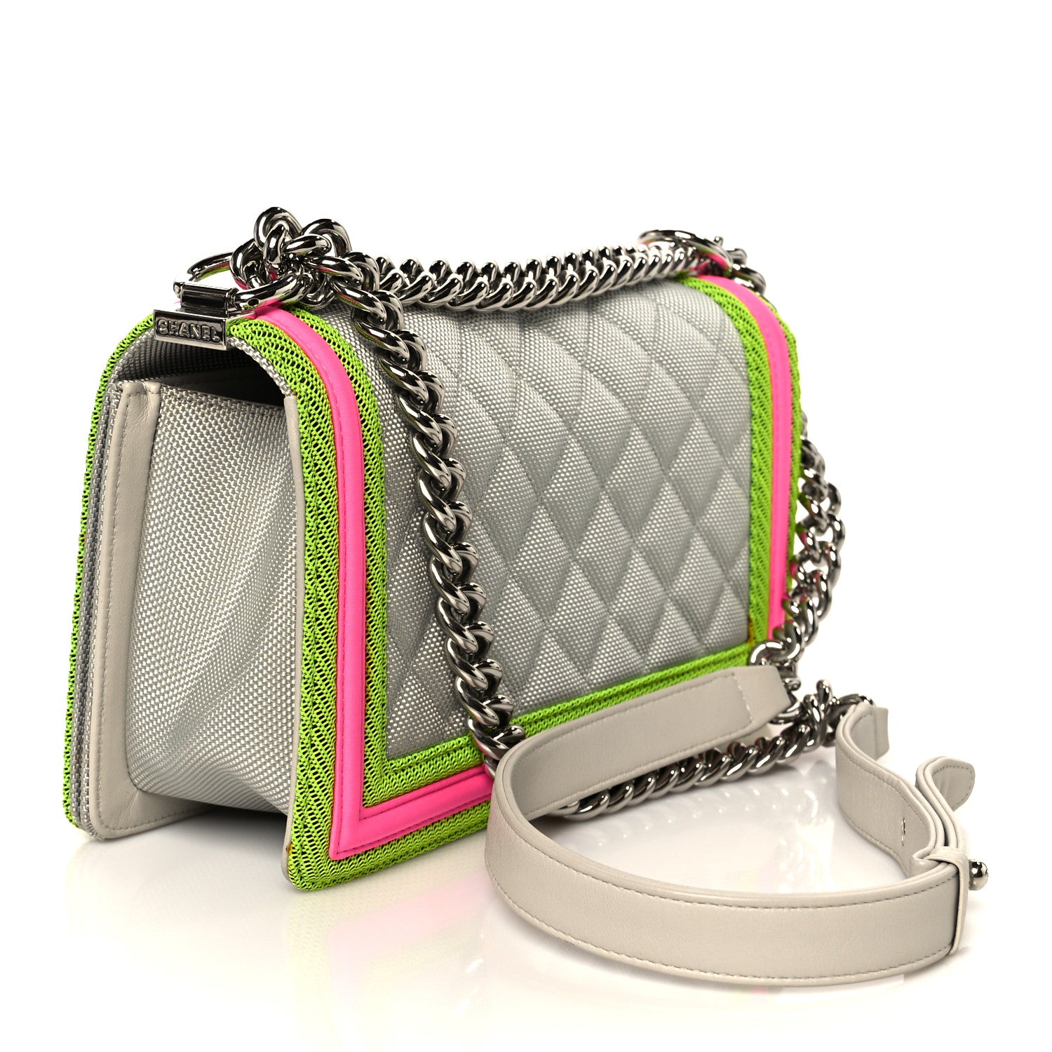 Chanel Canvas Quilted Medium Fluo Boy Flap Dark Grey Fuchsia Green 3 of 10