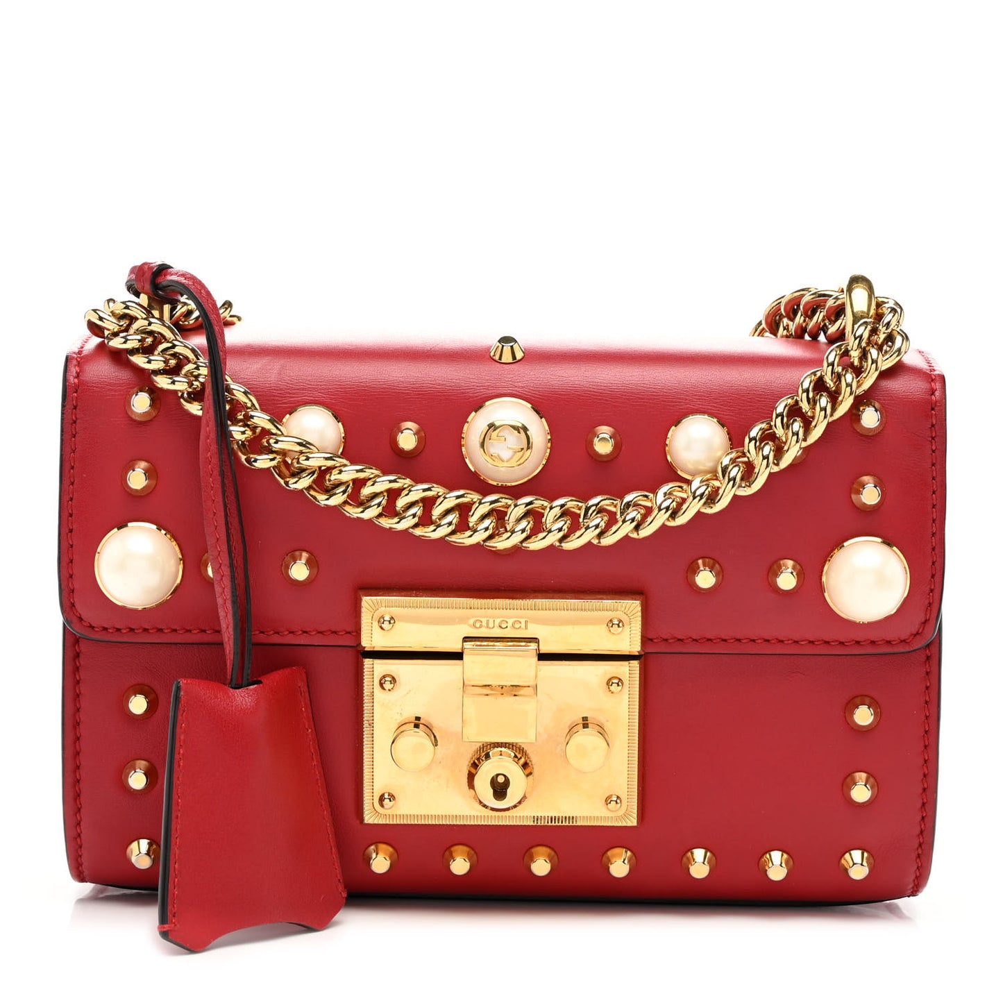 Calfskin Studded Small Padlock Shoulder Bag Hibiscus Red