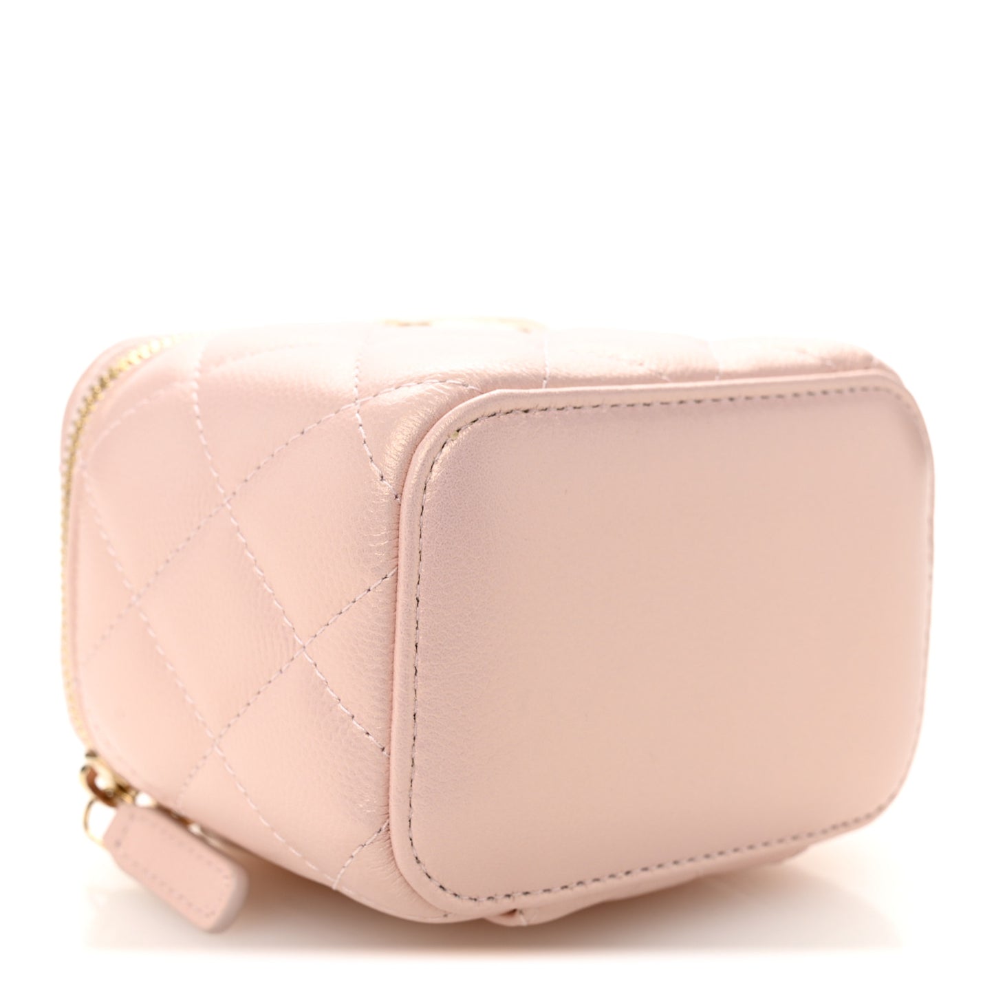 Iridescent Caviar Quilted Mini Pearl On Top Vanity Case With Chain Light Pink