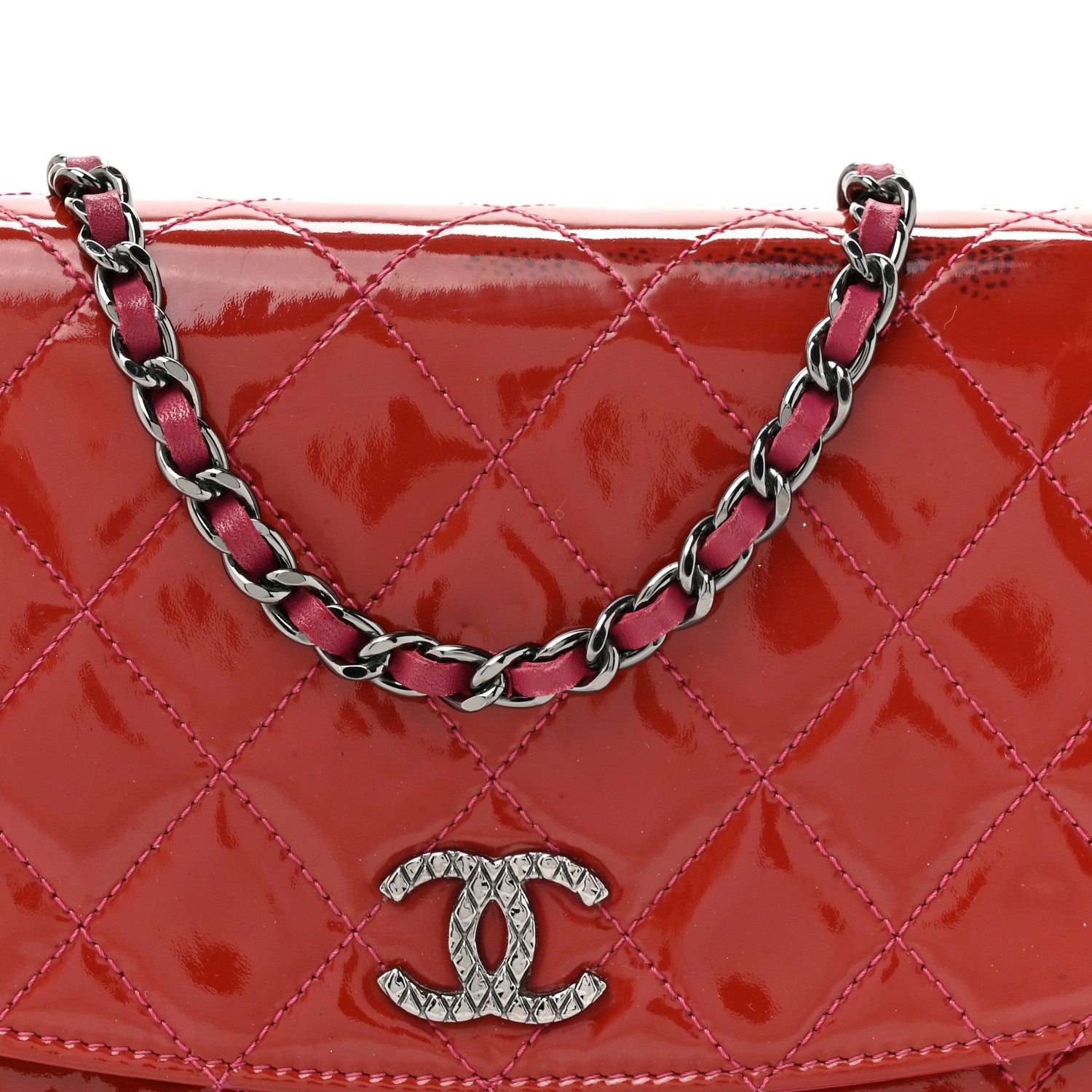 Chanel Patent Quilted Brilliant Wallet On Chain WOC Coral 9 of 16