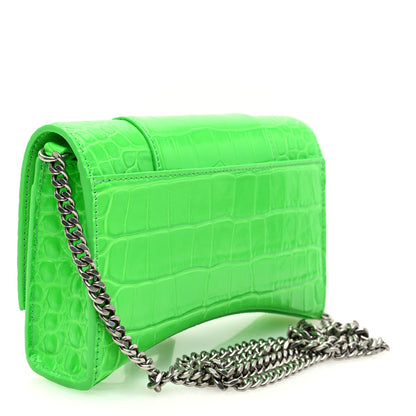 Balenciaga Shiny Calfskin Strass Crocodile Embossed Hourglass Chain Bag Fluo Green 3 of 9