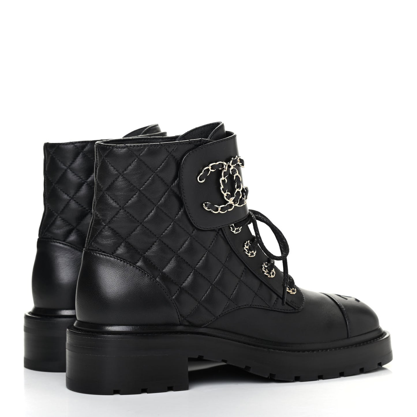 Shiny Lambskin Quilted Lace Up Combat Boots 38 Black