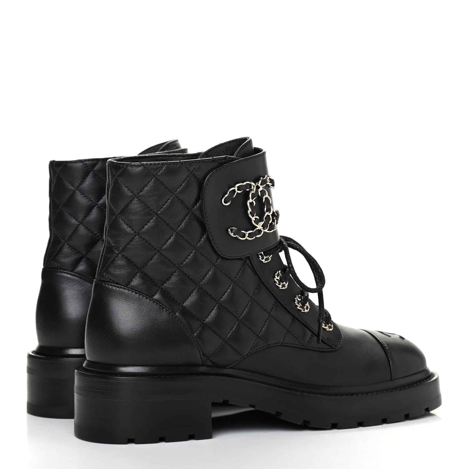 Chanel Shiny Lambskin Quilted Lace Up Combat Boots 38 Black 4 of 10