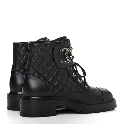 Chanel Shiny Lambskin Quilted Lace Up Combat Boots 38 Black 4 of 10