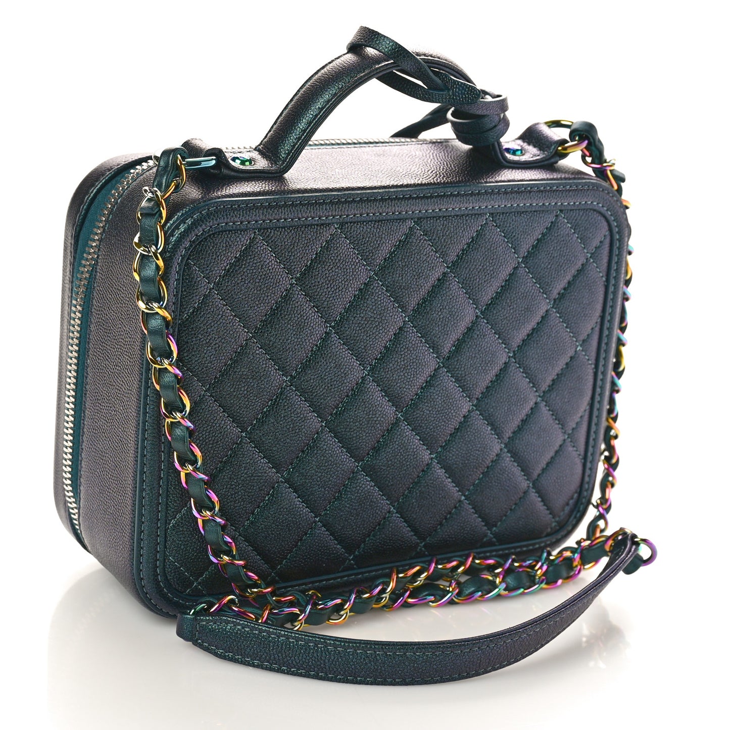 Iridescent Caviar Quilted Medium CC Filigree Vanity Case Dark Turquoise