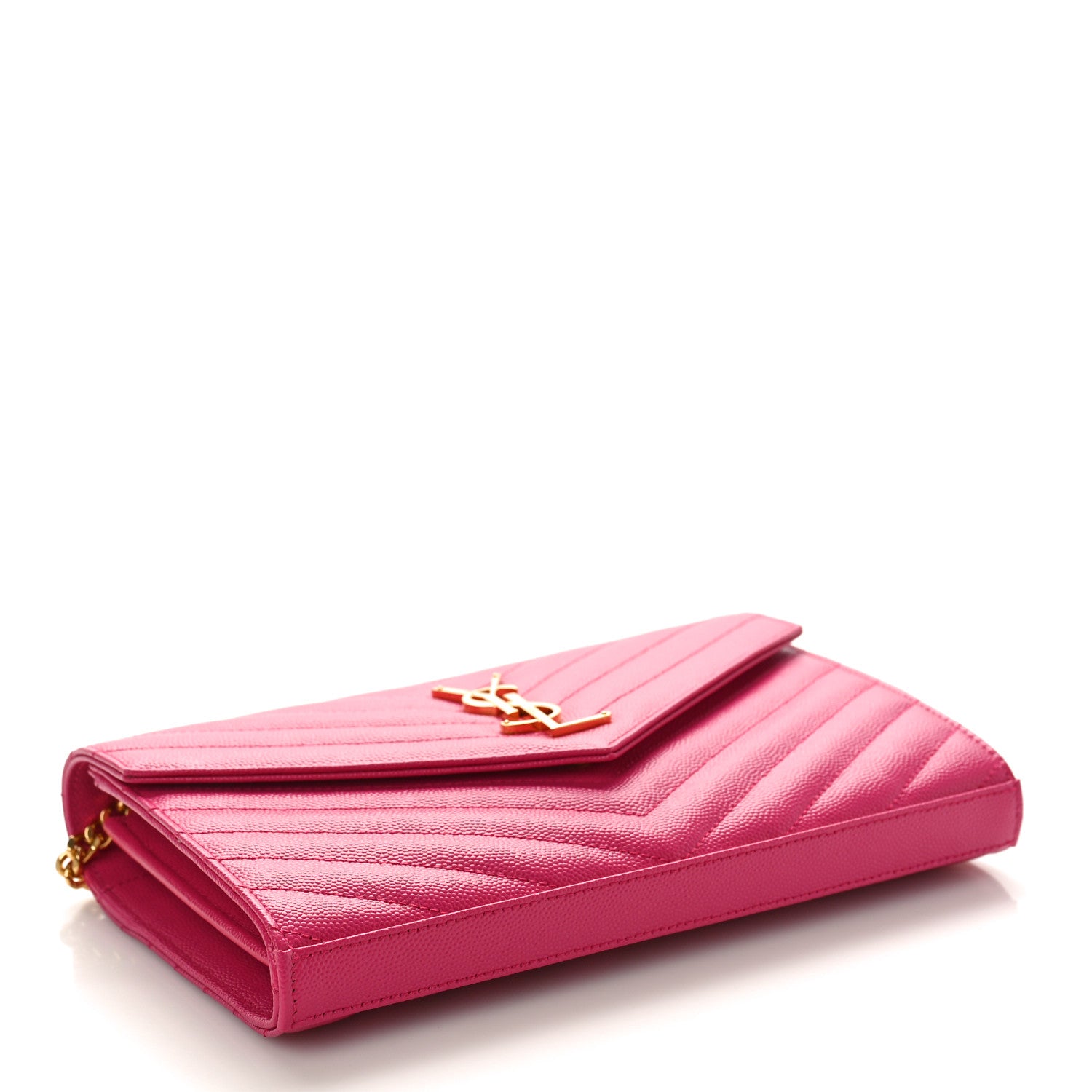 Saint Laurent Grain De Poudre Matelasse Chevron Monogram Chain Wallet Lipstick Fuchsia 4 of 8