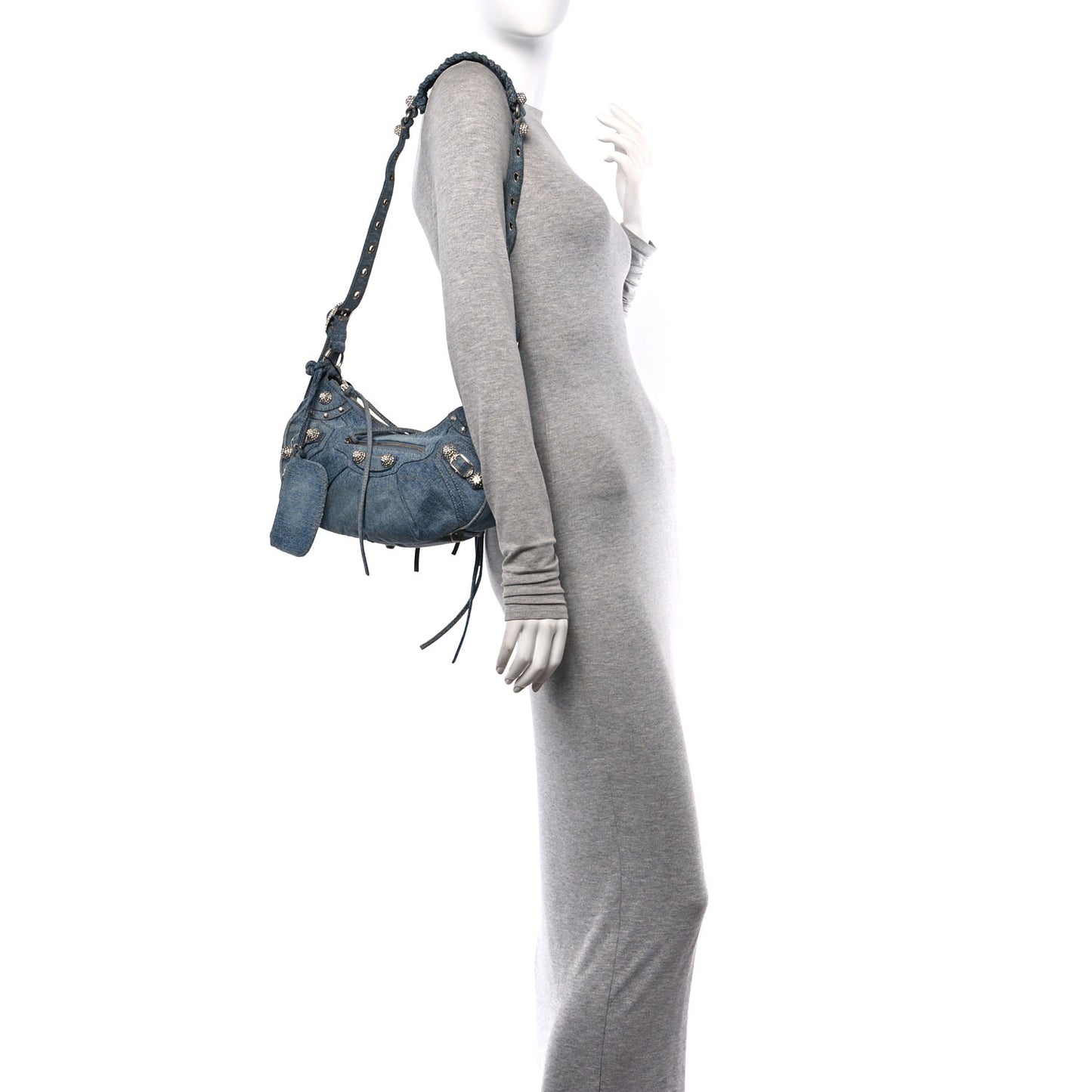 Washed Frayed Denim Crystal Small Le Cagole Shoulder Bag Blue