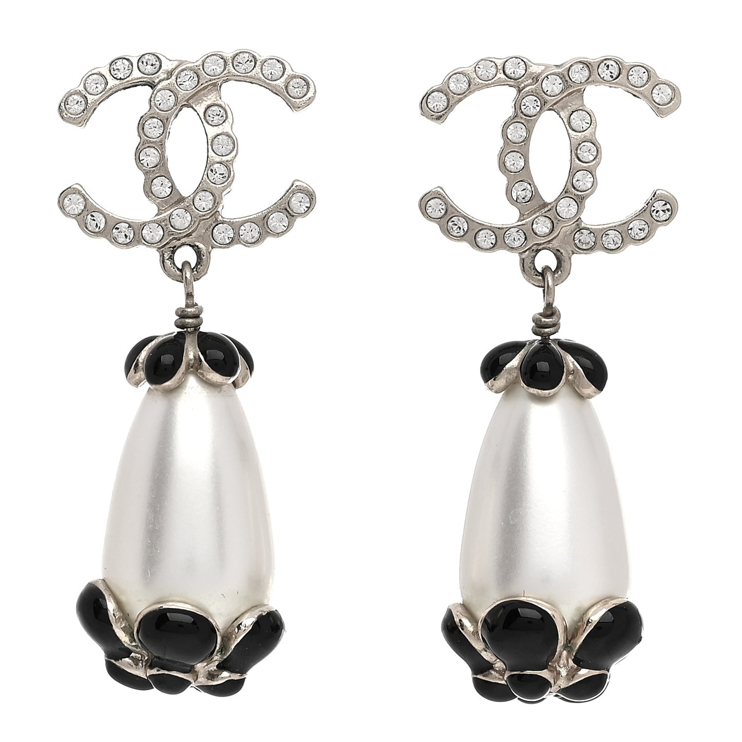 Pearl Crystal Enamel CC Flower Drop Earrings Gold Black