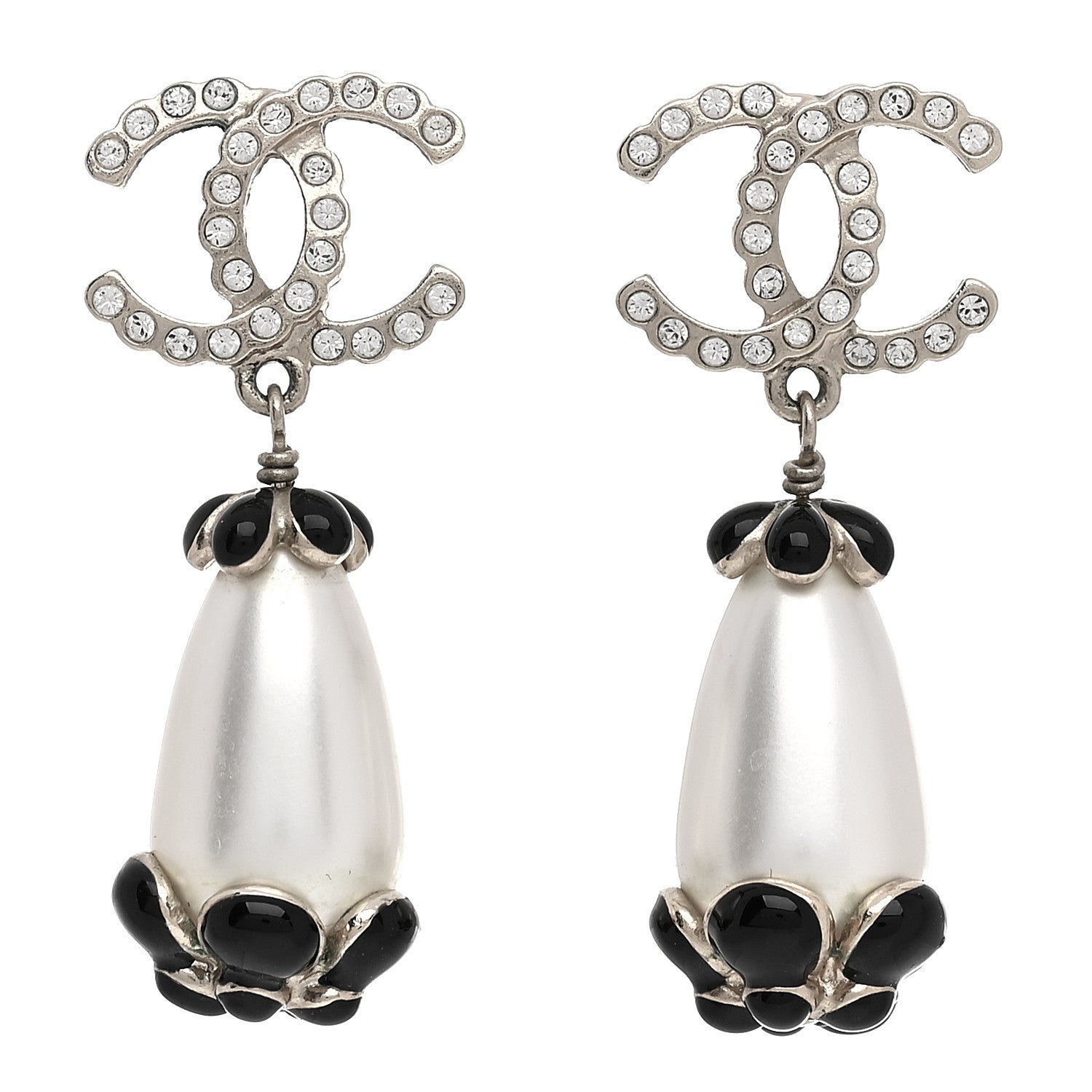 Chanel Pearl Crystal Enamel CC Flower Drop Earrings Gold Black 1 of 5