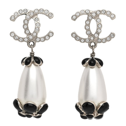 Chanel Pearl Crystal Enamel CC Flower Drop Earrings Gold Black 1 of 5
