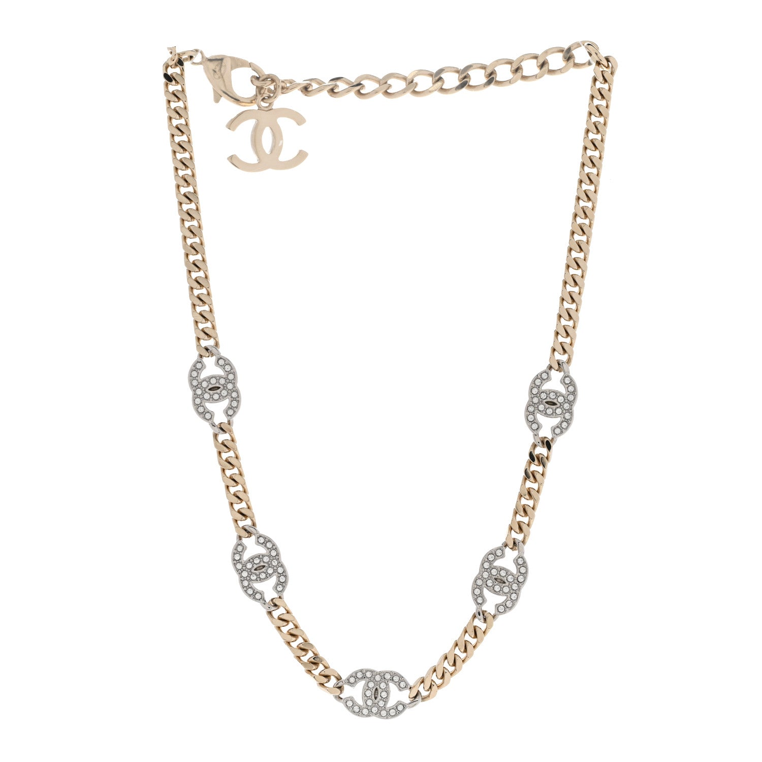 Chanel Crystal Chain CC Necklace Gold Silver 3 of 6