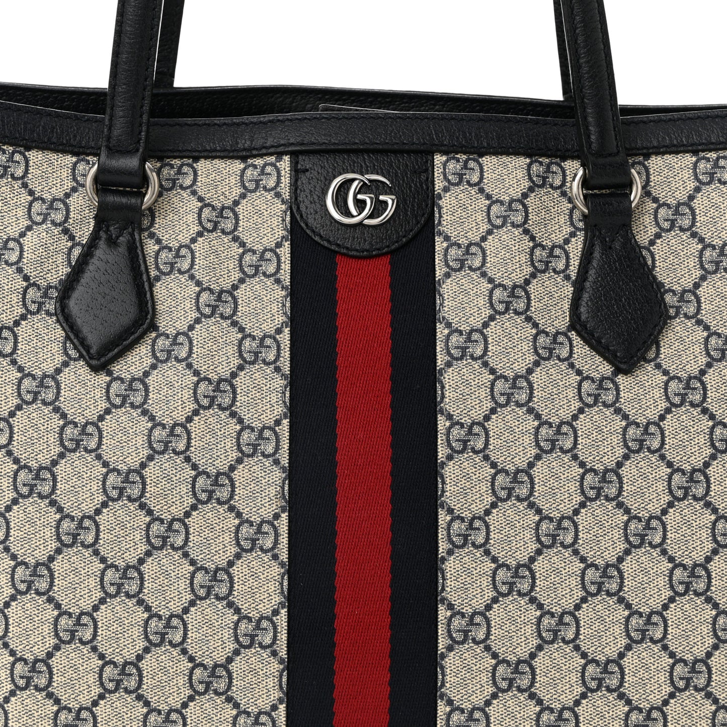 GG Supreme Monogram Textured Calfskin Web Medium Ophidia Shopping Tote Beige Blue