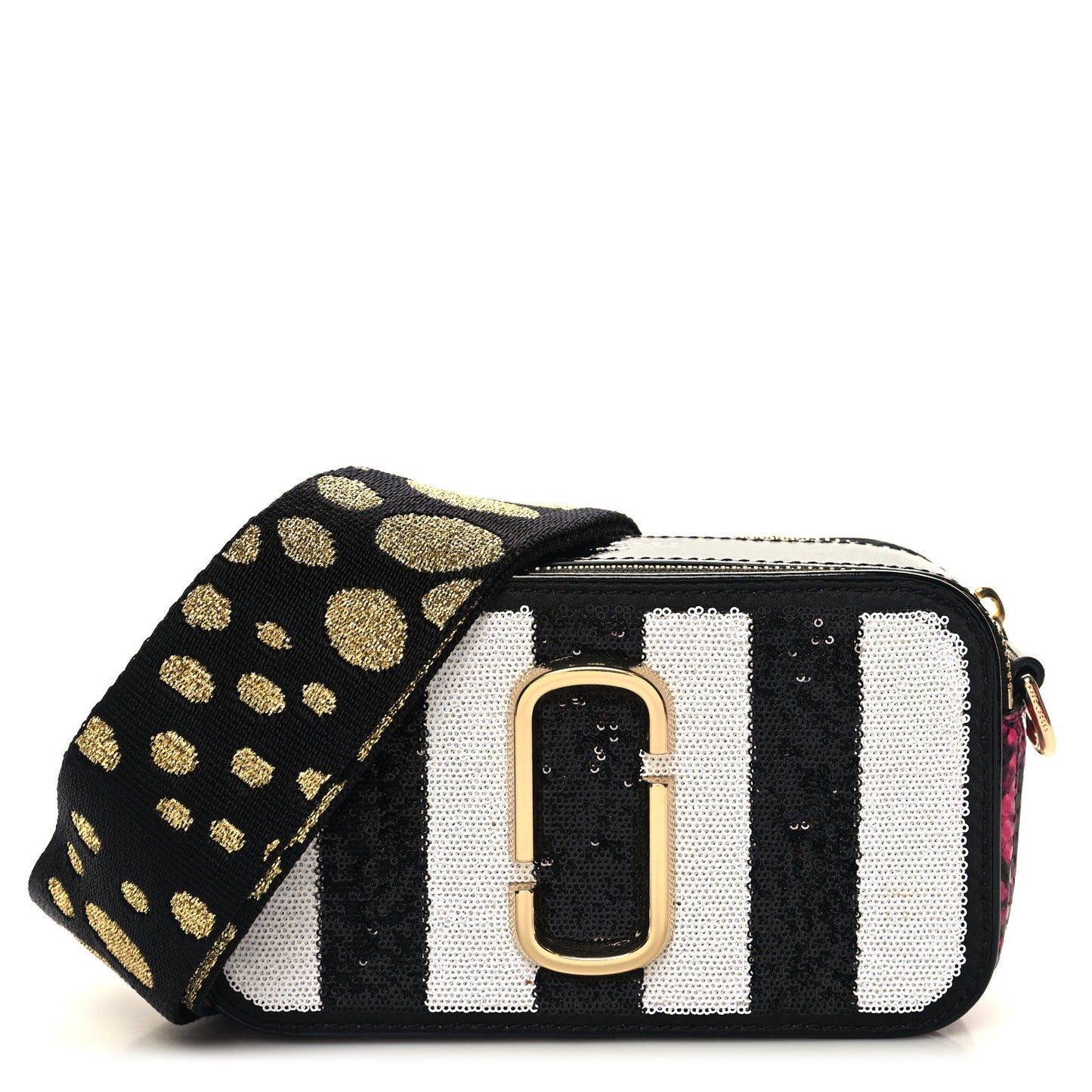 Metallic Sequin Snake Embossed Calfskin Stripe Snapshot Camera Bag Black White Pink