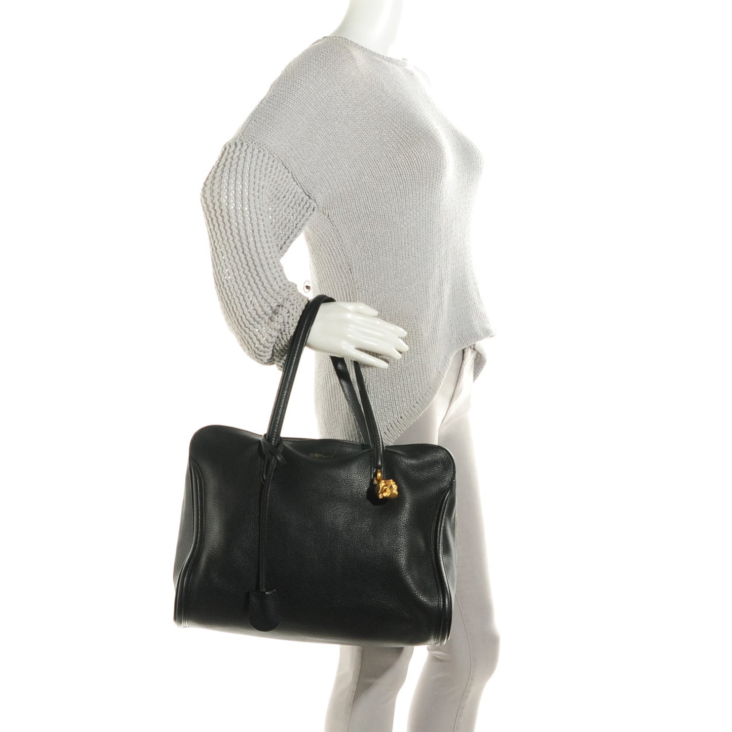 Pebbled Calfskin Medium Skull Padlock Zip Around Tote Black