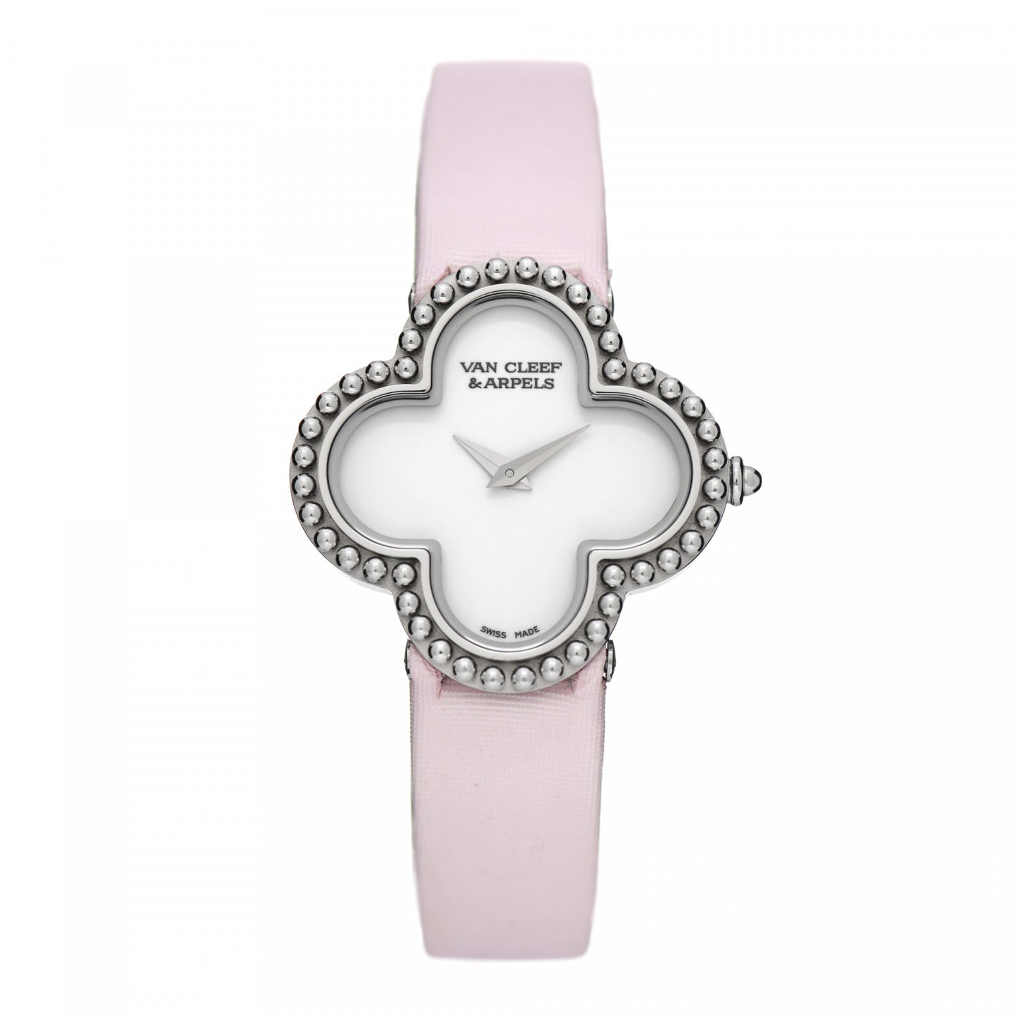 18K White Gold Satin Mother of Pearl 26mm Alhambra Quartz Watch Pink