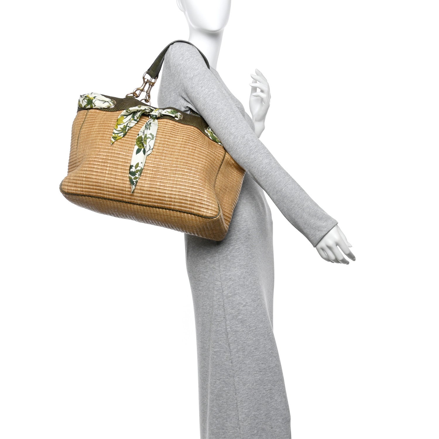Gucci Natural Straw Ayers Snakeskin Large Positano Tote Green 2 of 15