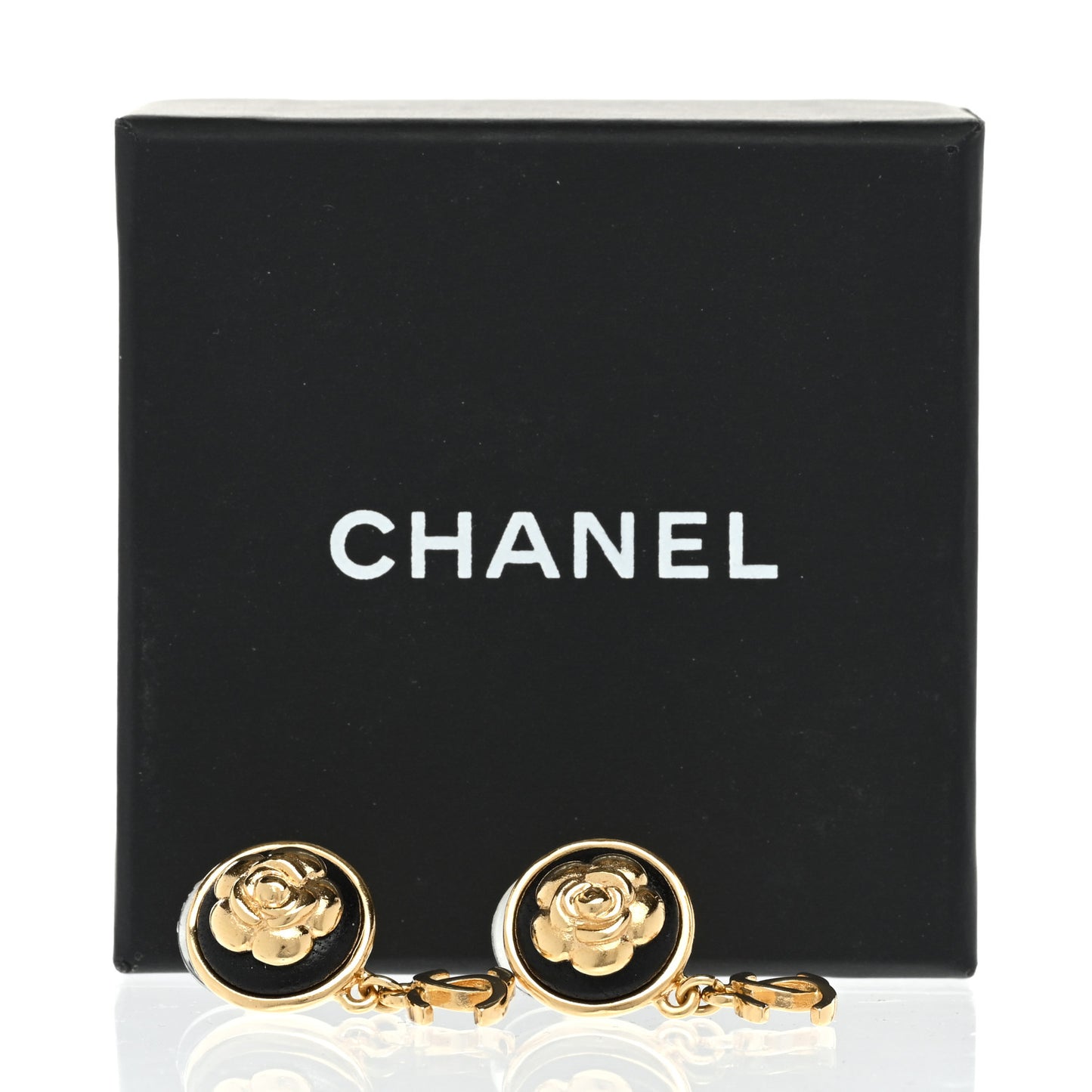 Metal Lambskin Camellia CC Drop Earrings Gold Black