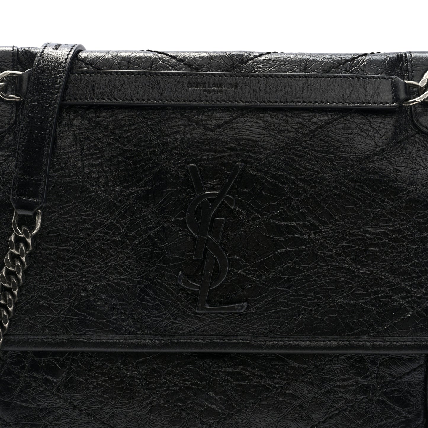 Crinkled Calfskin Matelasse Monogram Medium Niki Chain Satchel Black