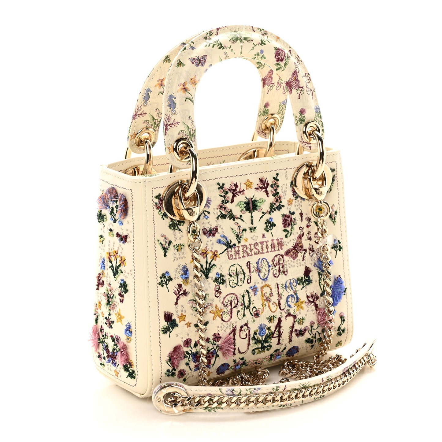 Calfskin Beaded Embroidered Paris 1947 Mini Lady Dior Latte Multicolor