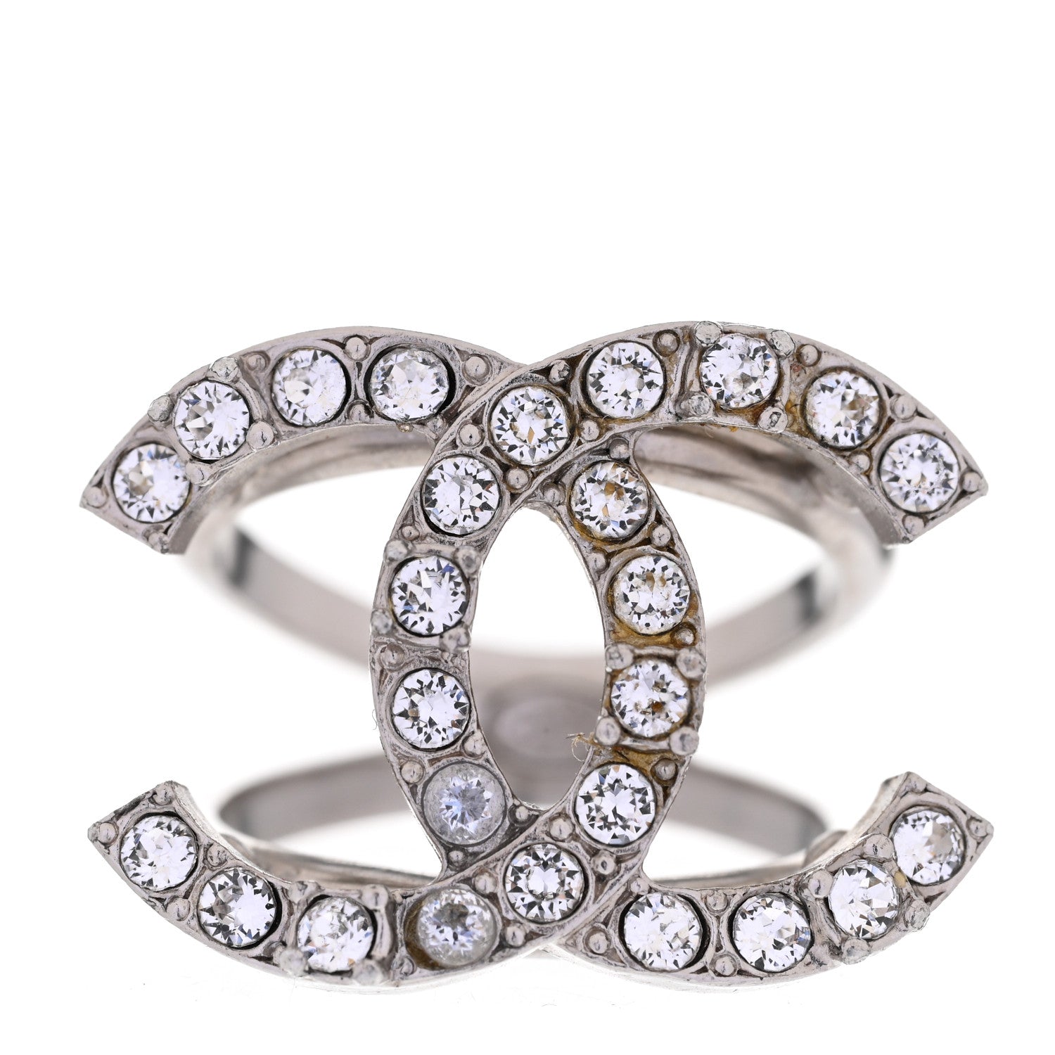 Chanel Metal Crystal CC Ring 50 5.25 Silver 1 of 4
