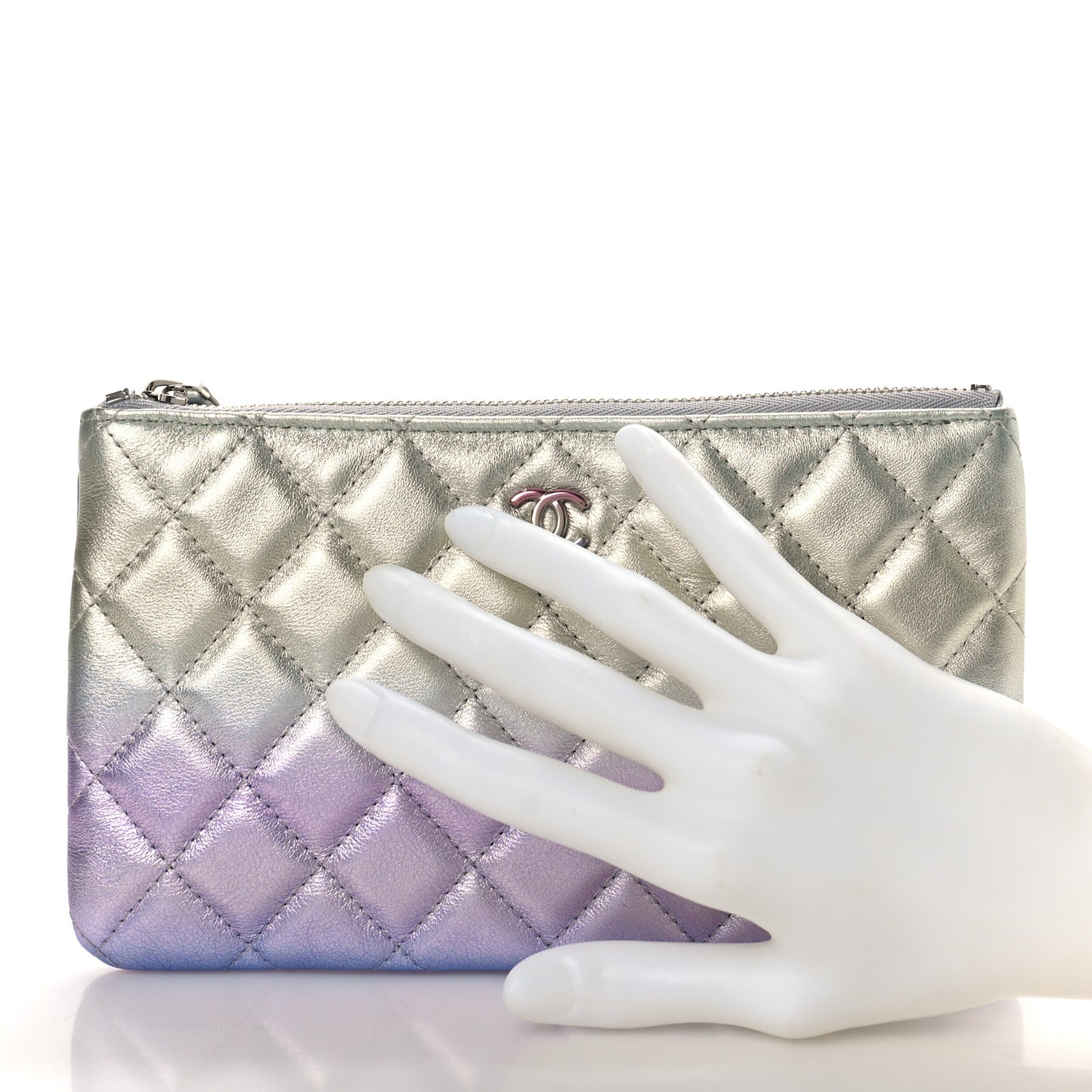 Gradient Metallic Calfskin Quilted Cosmetic Case Silver Blue Yellow Purple