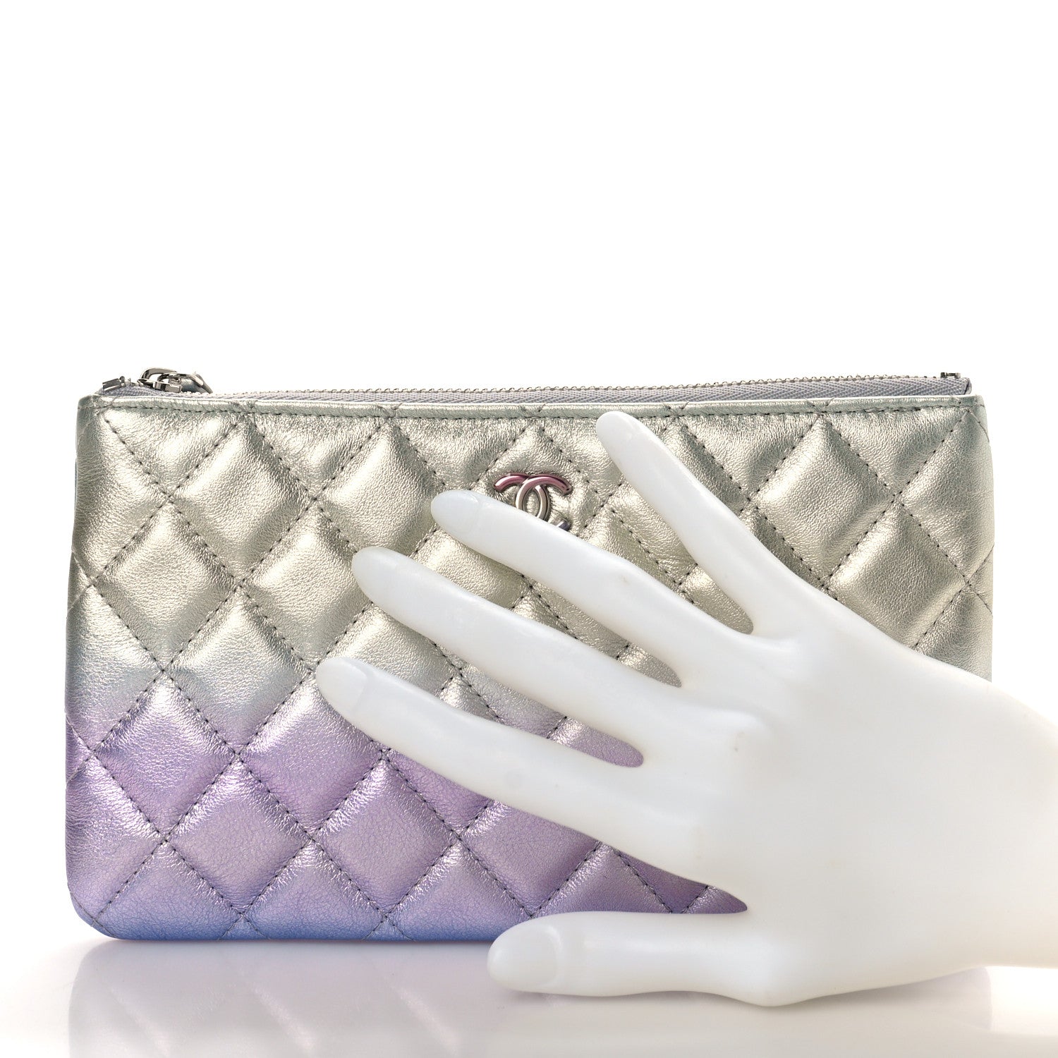 Chanel Gradient Metallic Calfskin Quilted Cosmetic Case Silver Blue Yellow Purple 2 of 9
